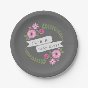 Hot Pink Floral Wreath Baby Shower Paper Plate