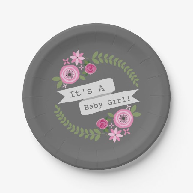 Hot Pink Floral Wreath Baby Shower Paper Plate (Front)