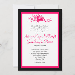 Hot Pink Flourish Black White Wedding Invitations
