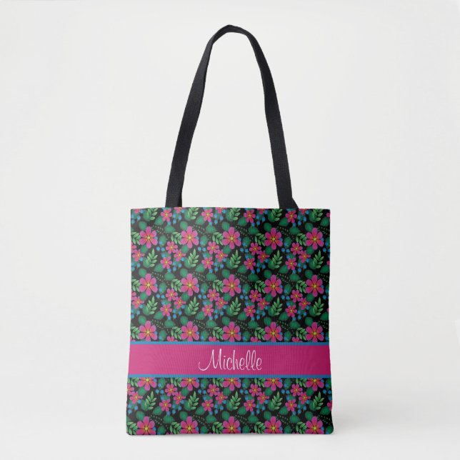Hot Pink Flower Blue Buds Vibrant Foliage     Tote Bag (Front)