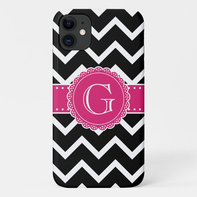 Hot Pink Flower Monogram Black Chevron Case-Mate iPhone Case (Back)