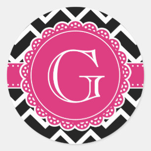 Hot Pink Flower Monogram Black Chevron Classic Round Sticker