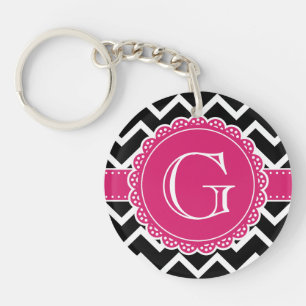 Hot Pink Flower Monogram Black Chevron Key Ring