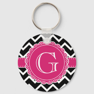 Hot Pink Flower Monogram Black Chevron Key Ring