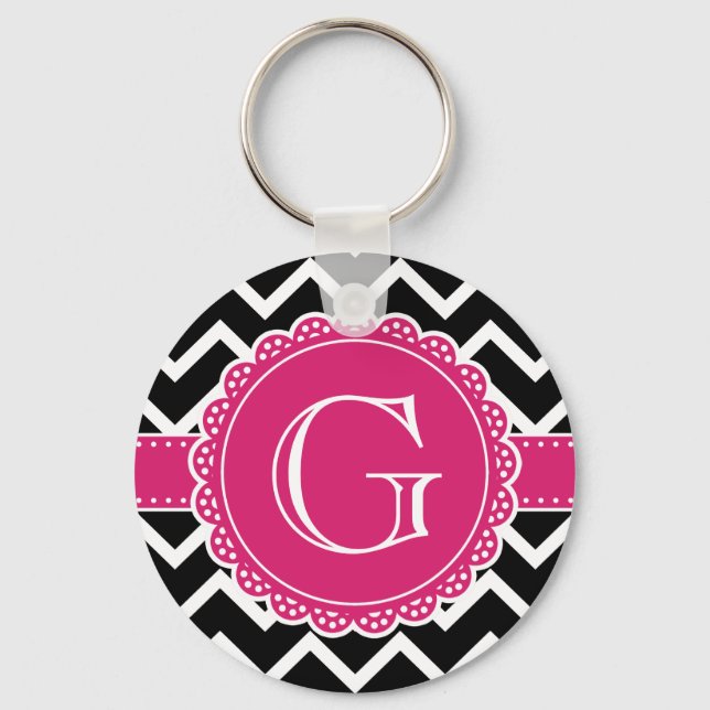 Hot Pink Flower Monogram Black Chevron Key Ring (Front)