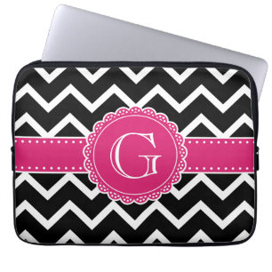 Hot Pink Flower Monogram Black Chevron Laptop Sleeve