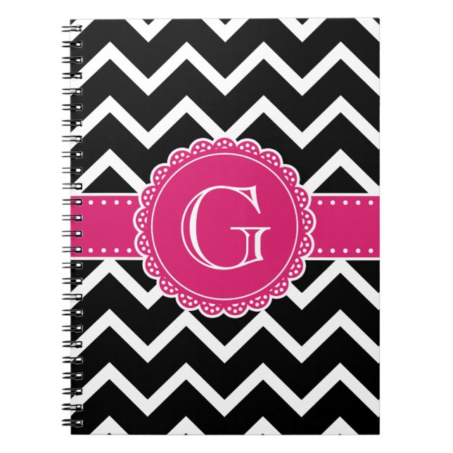Hot Pink Flower Monogram Black Chevron Notebook (Front)