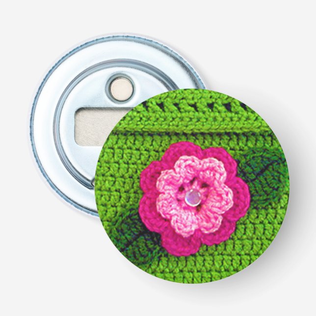 Hot Pink Flower Nature Green Unique Crochet Print Bottle Opener (Front)