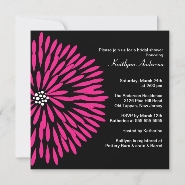 Hot Pink Flower on Black Bridal Shower Invitation (Front)