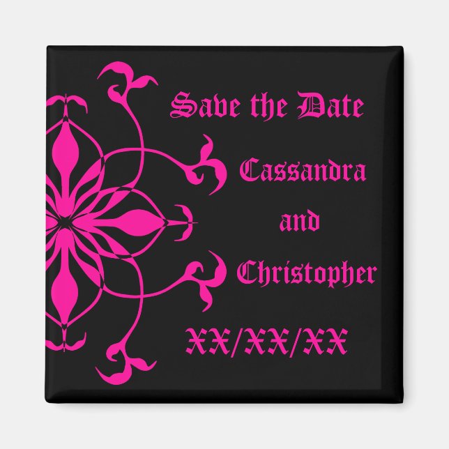 Hot pink flower on black save the date long names magnet (Front)