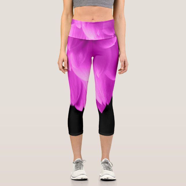 Hot pink flower petals on black capri leggings (Front)