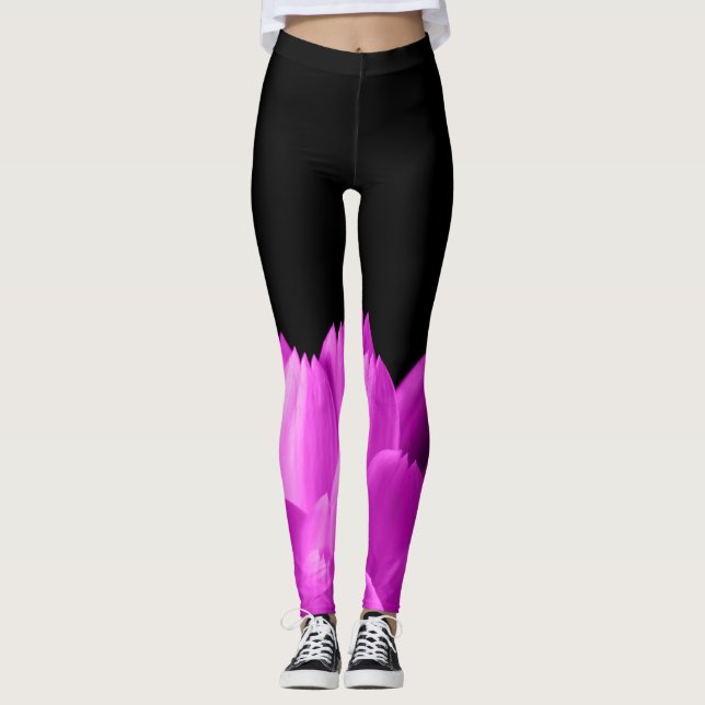 Hot pink flower petals on black leggings (Front)