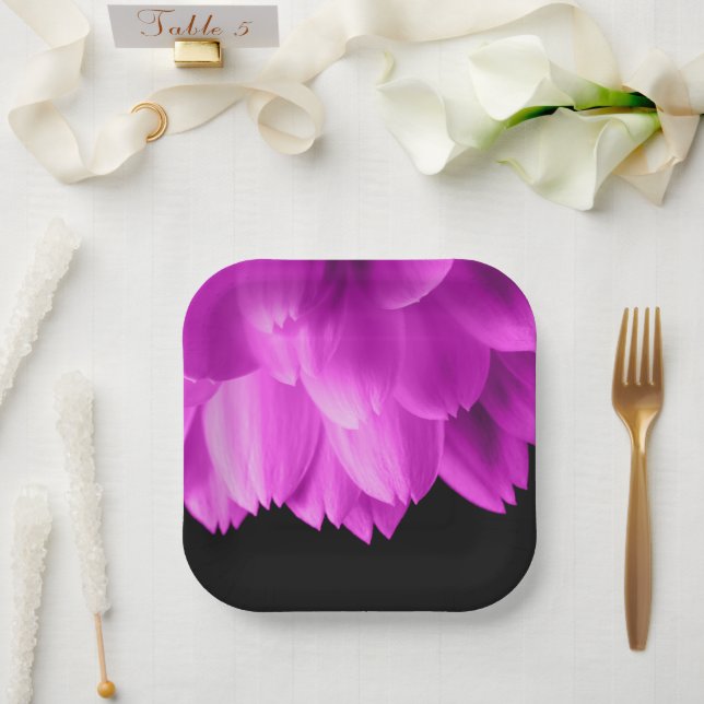 Hot pink flower petals on black paper plate (Wedding)