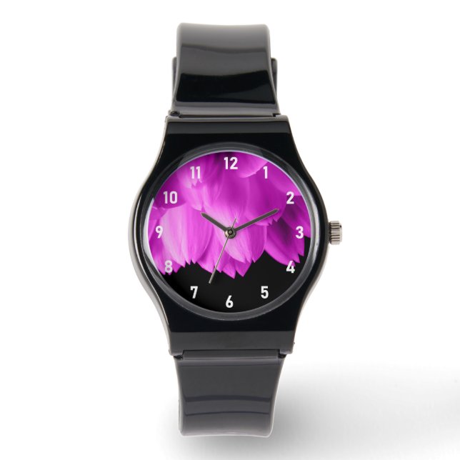 Hot pink flower petals on black watch (Front)