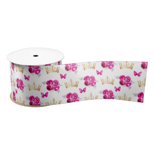 Hot Pink Flowers and Gold Crowns Satin Ribbon