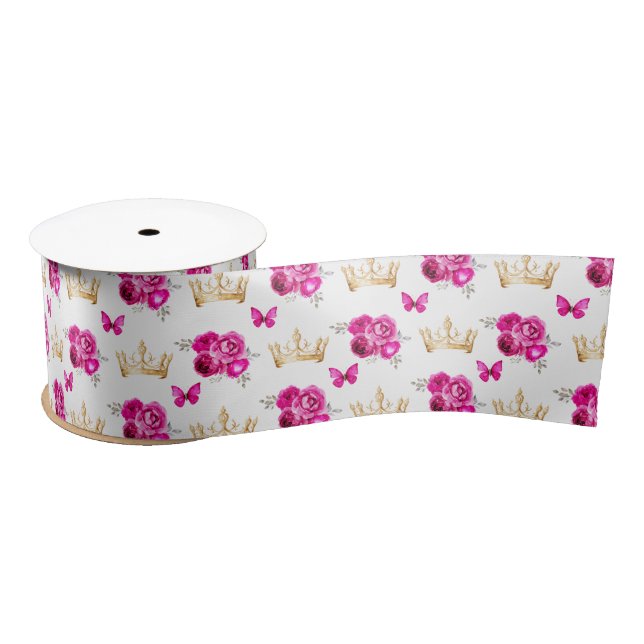 Hot Pink Flowers and Gold Crowns Satin Ribbon (Spool)