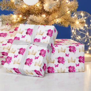 Hot Pink Flowers and Gold Crowns Wrapping Paper