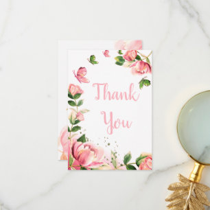hot pink flowers butterflies wedding thank you card