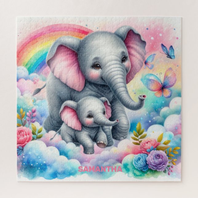 Hot pink flowers cute baby elephant and mummy jigsaw puzzle (Vertical)