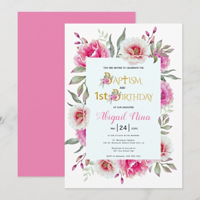 Hot pink flowers girl baptism and 1st birthday invitation (Front/Back)