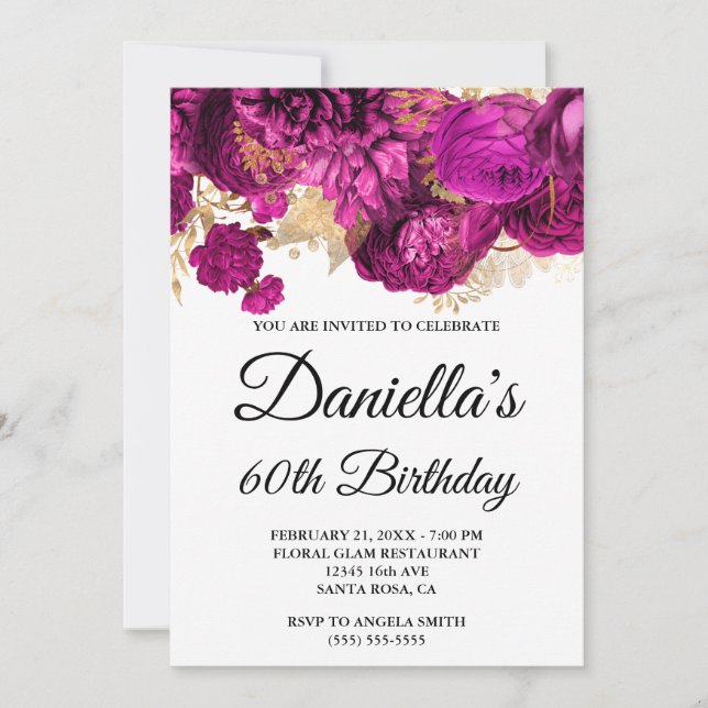 Hot Pink Flowers Gold Foil Glam 60th Birthday Invitation (Front)