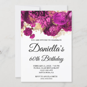Hot Pink Flowers Gold Foil Glam 60th Birthday Invitation
