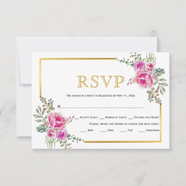 Hot pink flowers, gold frame wedding RSVP card (Front)