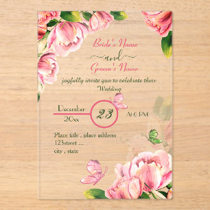 hot pink flowers green leaves butterflies wedding acrylic invitations
