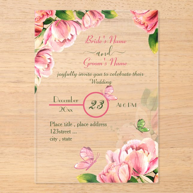 hot pink flowers green leaves butterflies wedding acrylic invitations (Front)