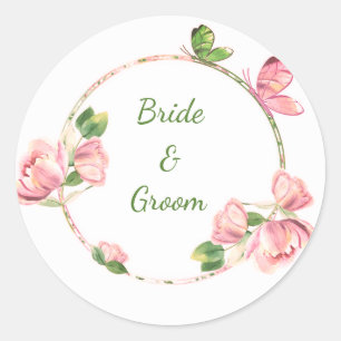 Hot pink flowers green leaves butterflies wedding classic round sticker
