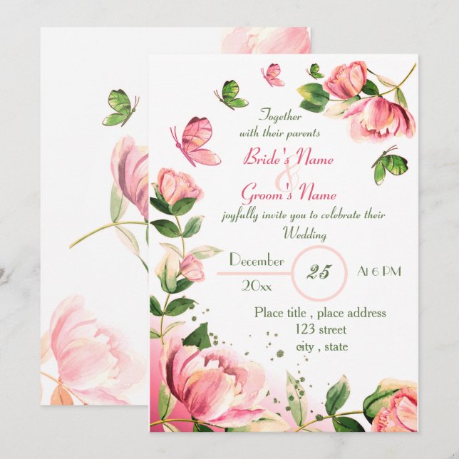 hot pink flowers green leaves butterflies wedding invitation (Front/Back)