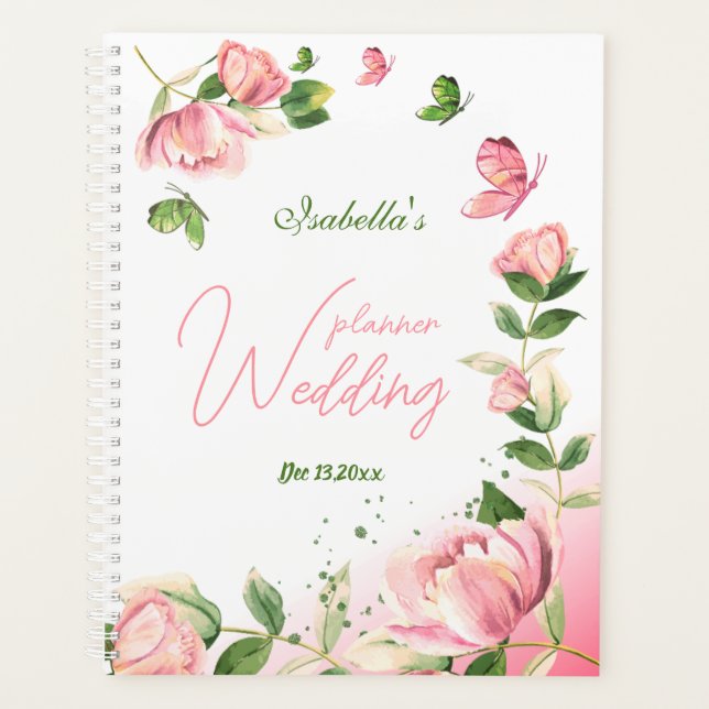 hot pink flowers green leaves butterflies wedding planner (Front)