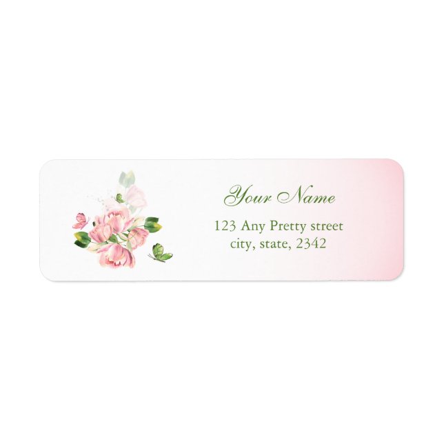 hot pink flowers green leaves return address label (Front)
