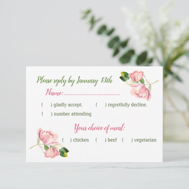 hot pink flowers green leaves RSVP card (Standing Front)
