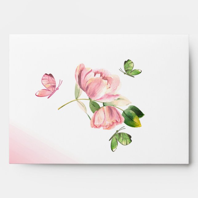 hot pink flowers green leaves wedding envelope (Front)