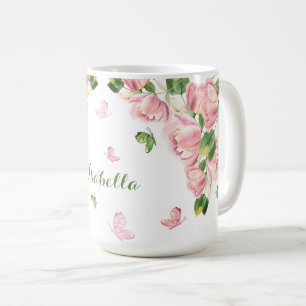 hot pink flowers greenery butterflies coffee mug