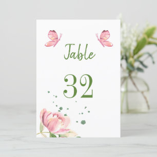 hot pink flowers greenery butterflies table number