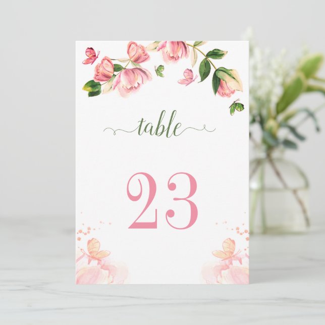 hot pink flowers greenery butterflies table number (Standing Front)
