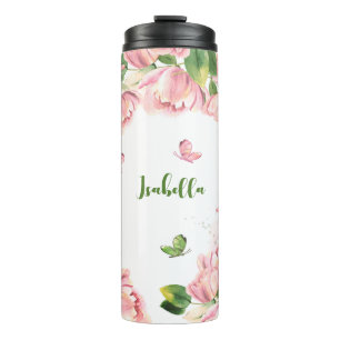 hot pink flowers greenery butterflies thermal tumbler