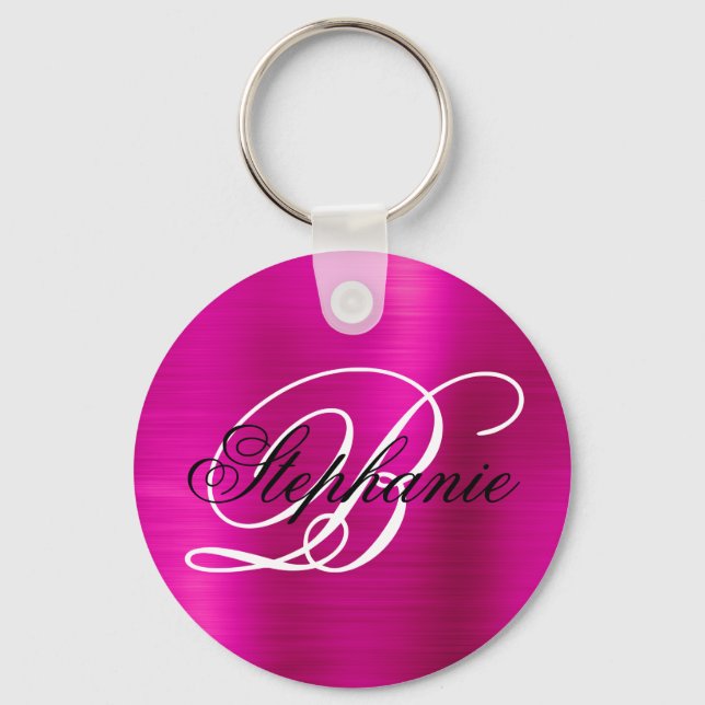 Hot Pink Foil Fancy Monogram Key Ring (Front)