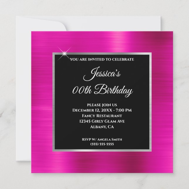 Hot Pink Foil Silver and Black Birthday Invitation (Front)