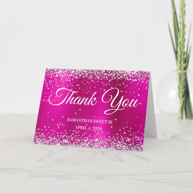 Hot Pink Foil Silver Glitter Sweet 16 Thank You Card (Front)