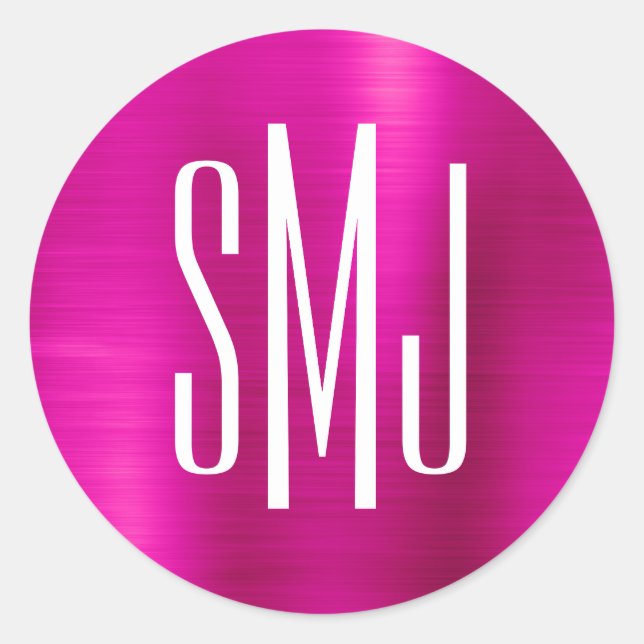 Hot Pink Foil Three Letter Monogram Classic Round Sticker (Front)