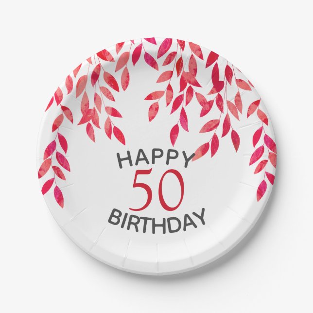 Hot Pink Foliage Birthday Party Paper Plate (Front)