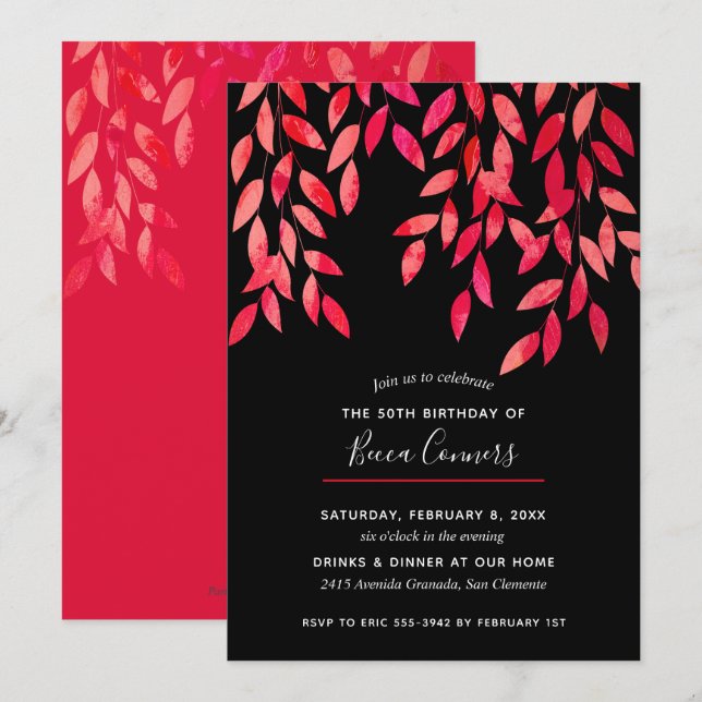 Hot Pink Foliage Black Birthday Invitations (Front/Back)