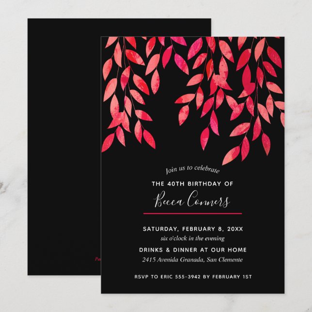 Hot Pink Foliage Black Birthday Invitations (Front/Back)