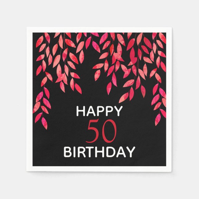 Hot Pink Foliage on Black Birthday Party Napkin (Front)