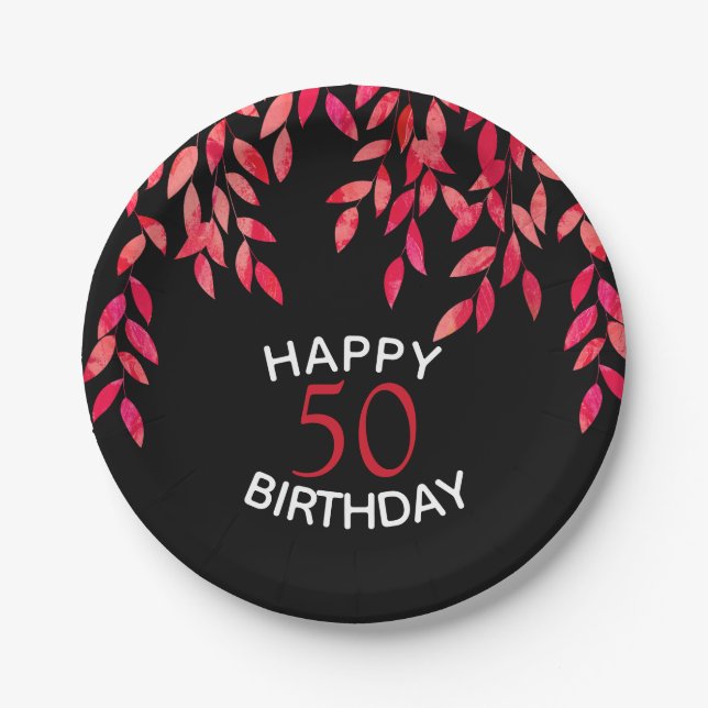 Hot Pink Foliage on Black Birthday Party Paper Plate (Front)