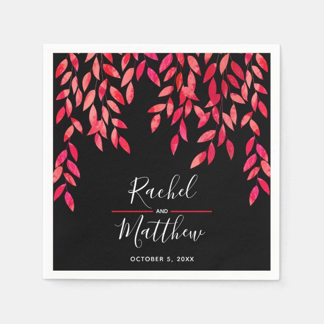 Hot Pink Foliage on Black Wedding Napkin (Front)