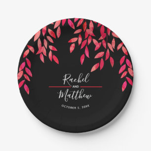 Hot Pink Foliage on Black Wedding Paper Plate